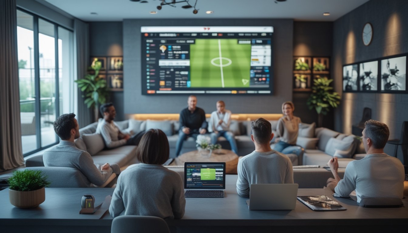 Sekelompok orang menonton pertandingan olahraga secara langsung sambil menggunakan laptop dan ponsel di ruang santai modern.