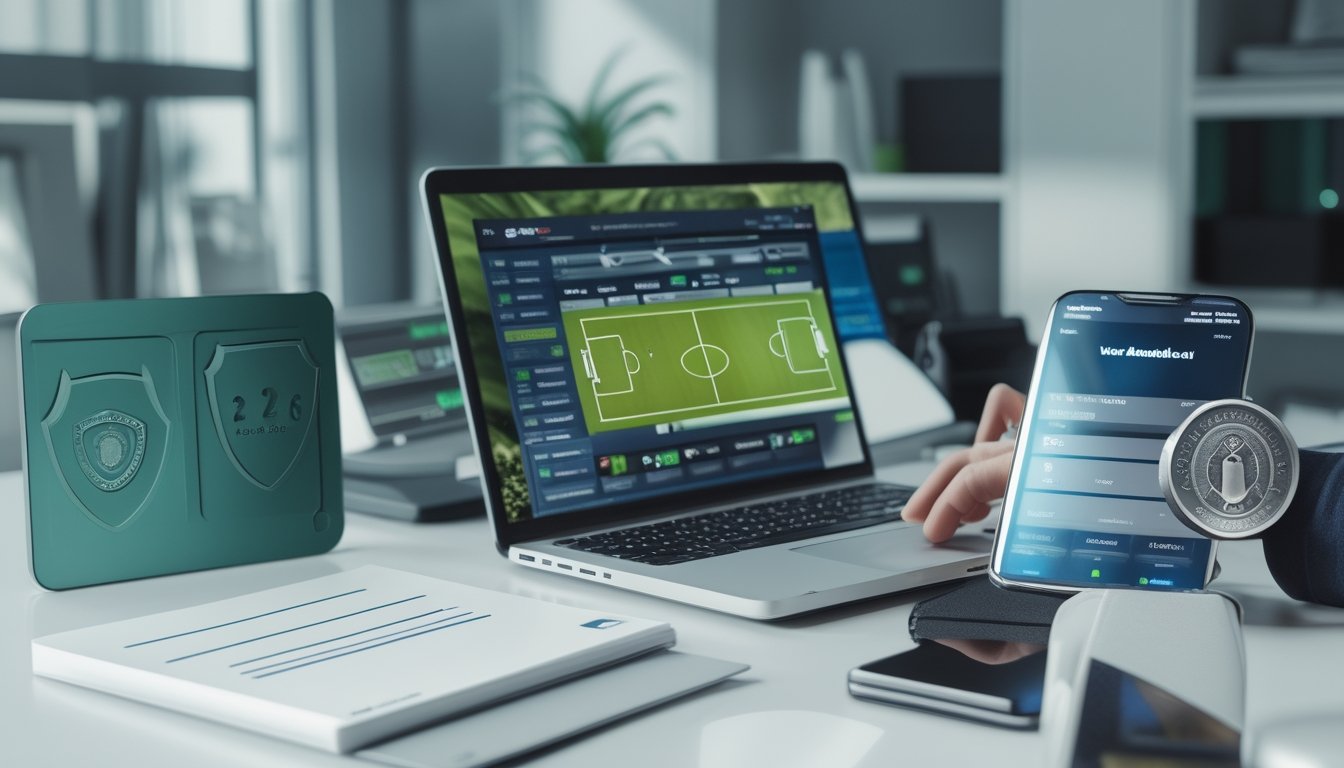 Orang dewasa memeriksa situs taruhan olahraga dan keamanan digital di laptop, dengan simbol perlindungan data di sekitarnya.