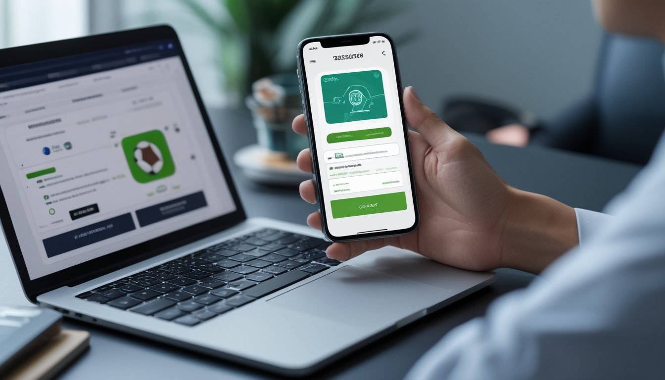 Seseorang melakukan pembayaran digital untuk layanan olahraga melalui ponsel di meja kerja modern.