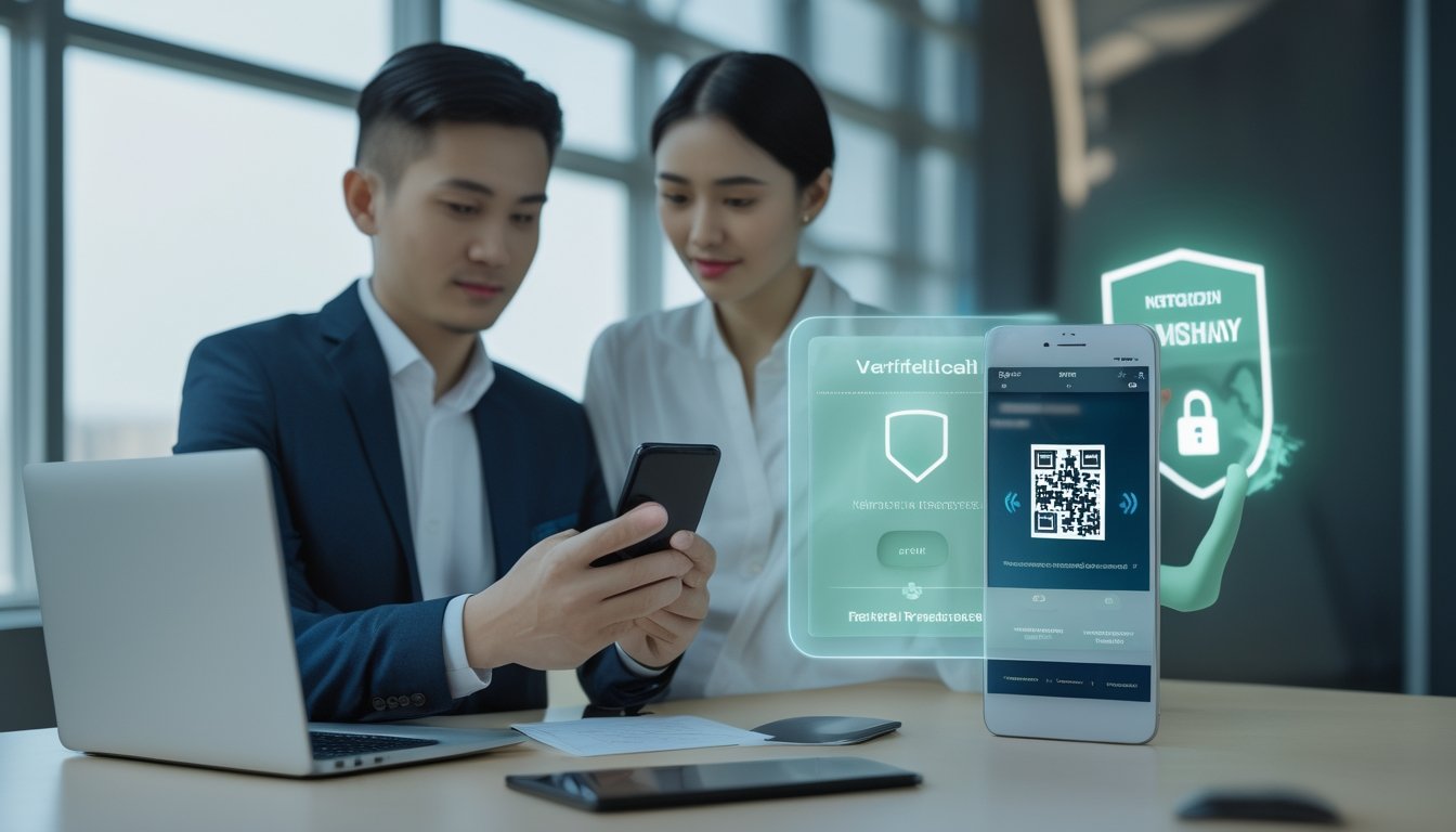 Pengguna memeriksa pembayaran digital melalui ponsel dengan bantuan agen profesional di kantor modern.