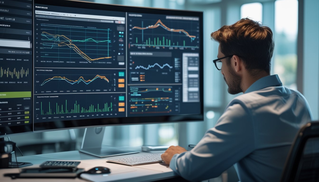 Analis olahraga memeriksa grafik analisis handicap dan over under pada beberapa perangkat di ruang kerja modern.