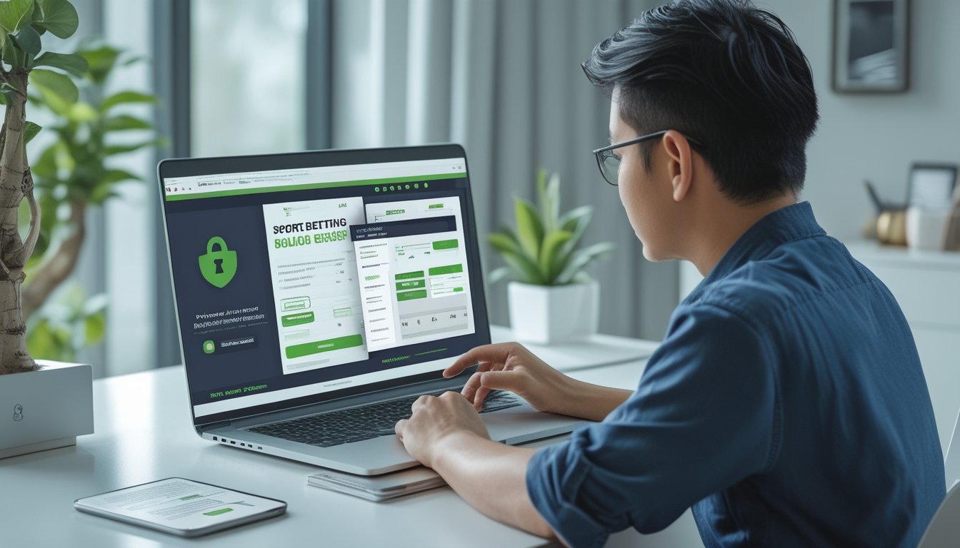Seseorang memeriksa kredibilitas platform taruhan olahraga menggunakan laptop dan ponsel di meja kerja.