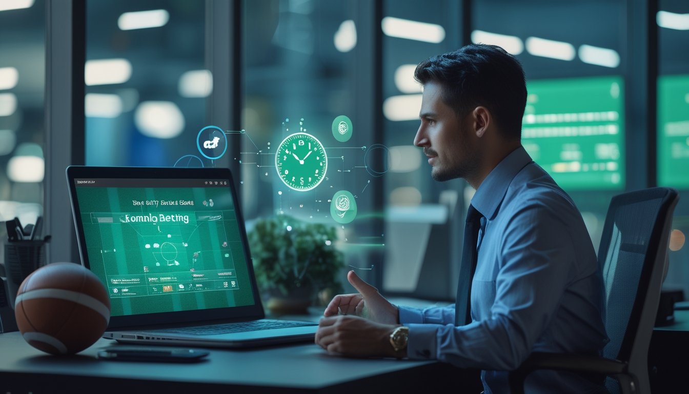 Profesional layanan daring membantu pengguna dengan perangkat digital di ruang kerja modern, disertai bola sepak dan pencahayaan stadion.