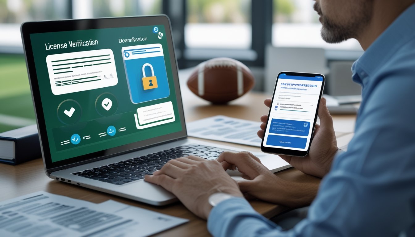 Seorang profesional memeriksa informasi lisensi platform taruhan bola melalui laptop dan ponsel di meja kerja.