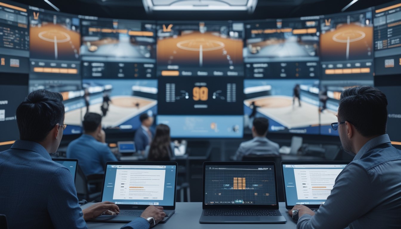 Orang dewasa mengamati simulasi pertandingan basket dan grafik analitik pada beberapa layar di ruang modern.