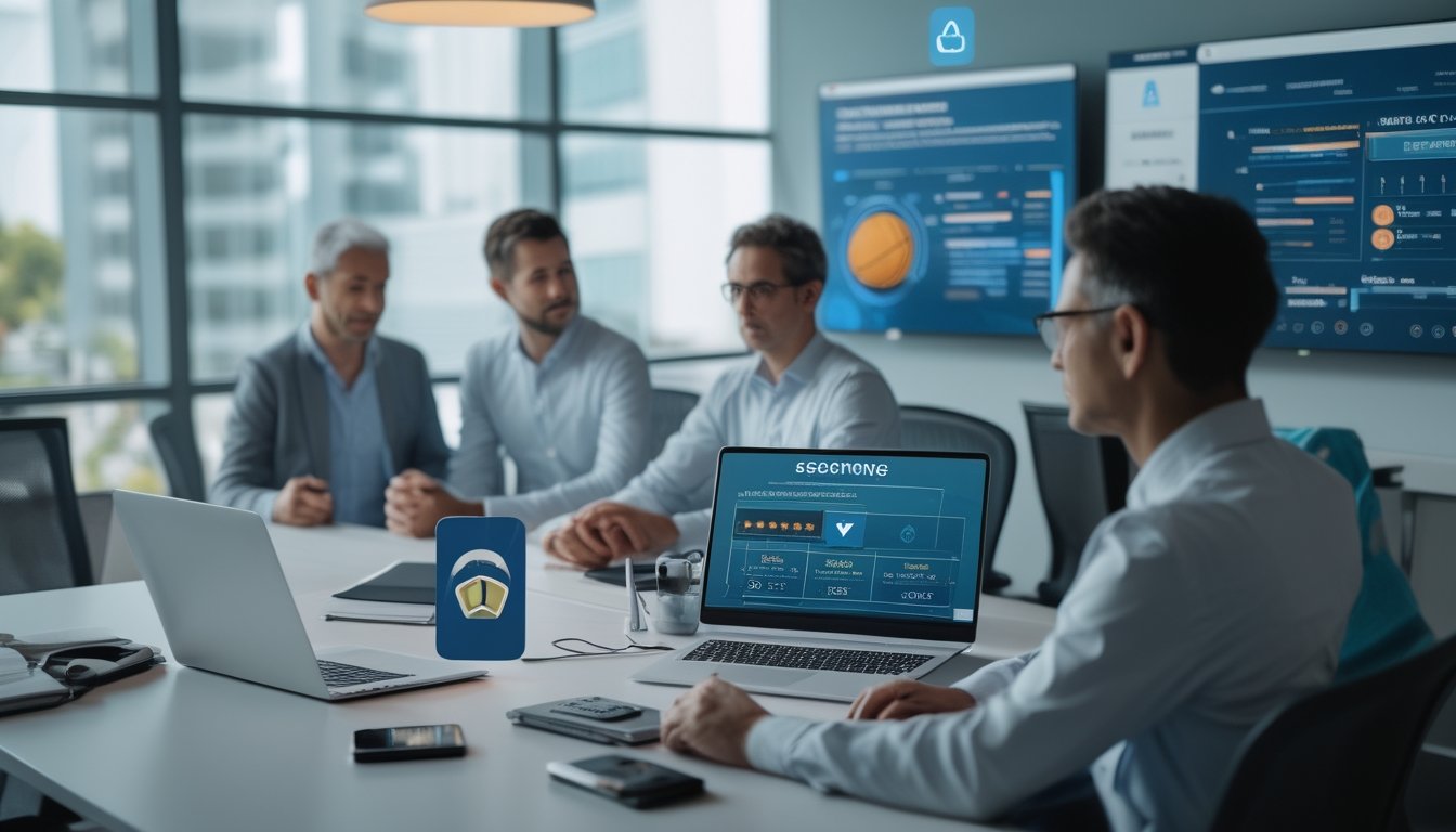 Orang dewasa meninjau platform olahraga digital yang aman dengan elemen perlindungan dan permainan bertanggung jawab.