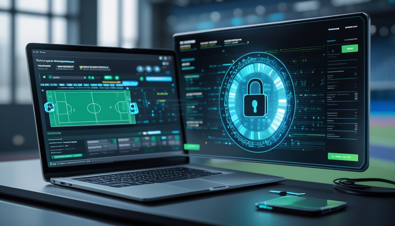 Laptop dan monitor menampilkan platform taruhan olahraga daring dengan simbol gembok digital serta perlindungan data terenkripsi.