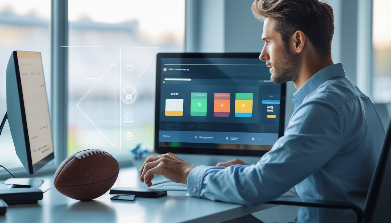 Orang dewasa menggunakan laptop dan ponsel dengan tema sepak bola di ruang kerja modern.