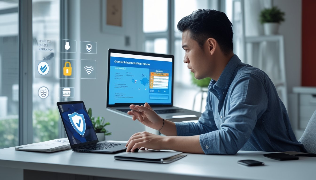 Orang dewasa Indonesia menggunakan laptop dan ponsel dengan simbol keamanan digital serta dokumen perlindungan pengguna.