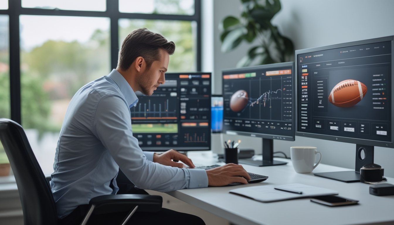 Seorang bettor dewasa menganalisis data olahraga di laptop dan monitor dalam ruang kerja modern.