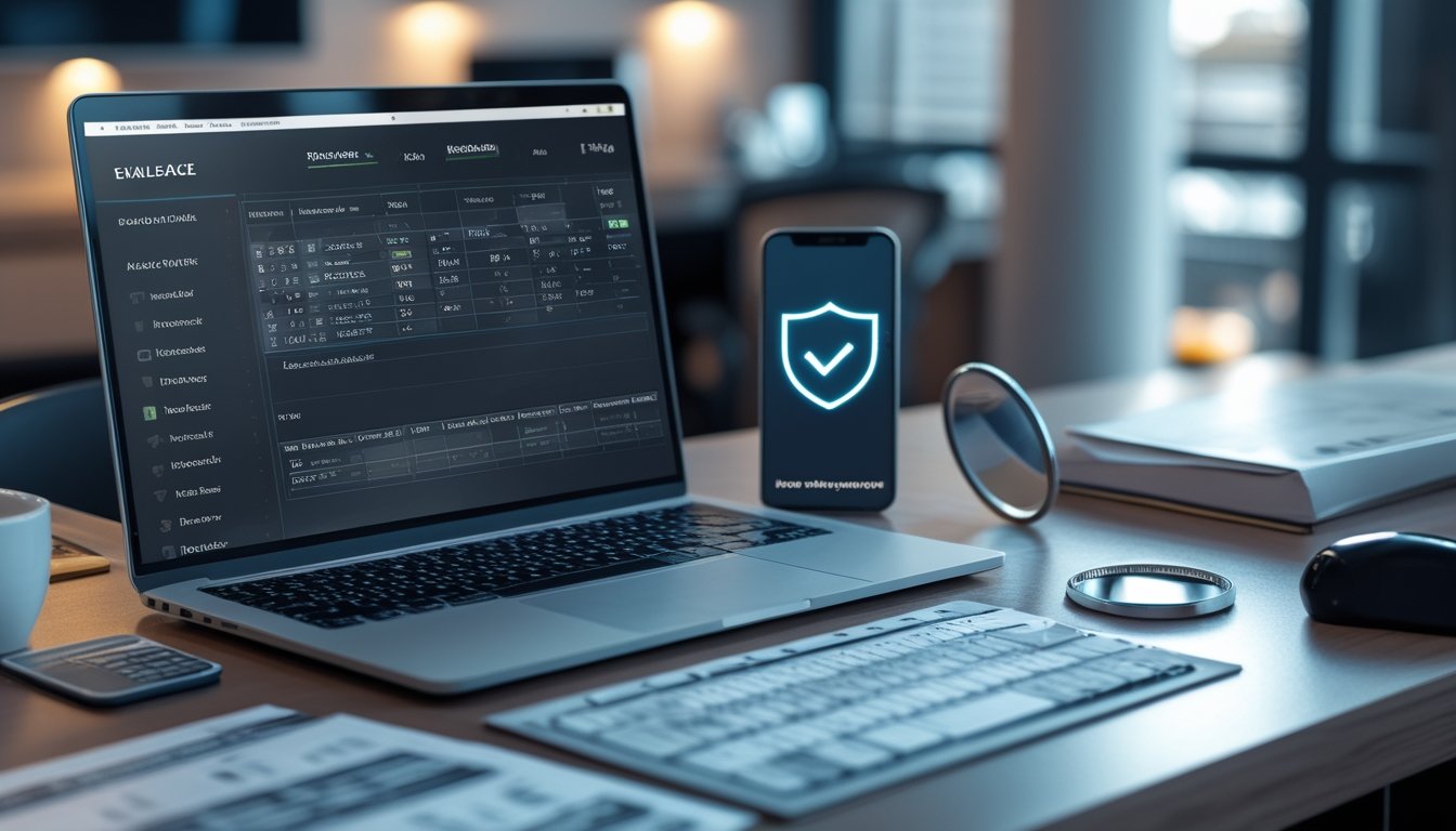 Meja kerja profesional dengan laptop berisi analisis olahraga abstrak, ponsel bersimbol keamanan, dokumen, kaca pembesar, dan gembok.