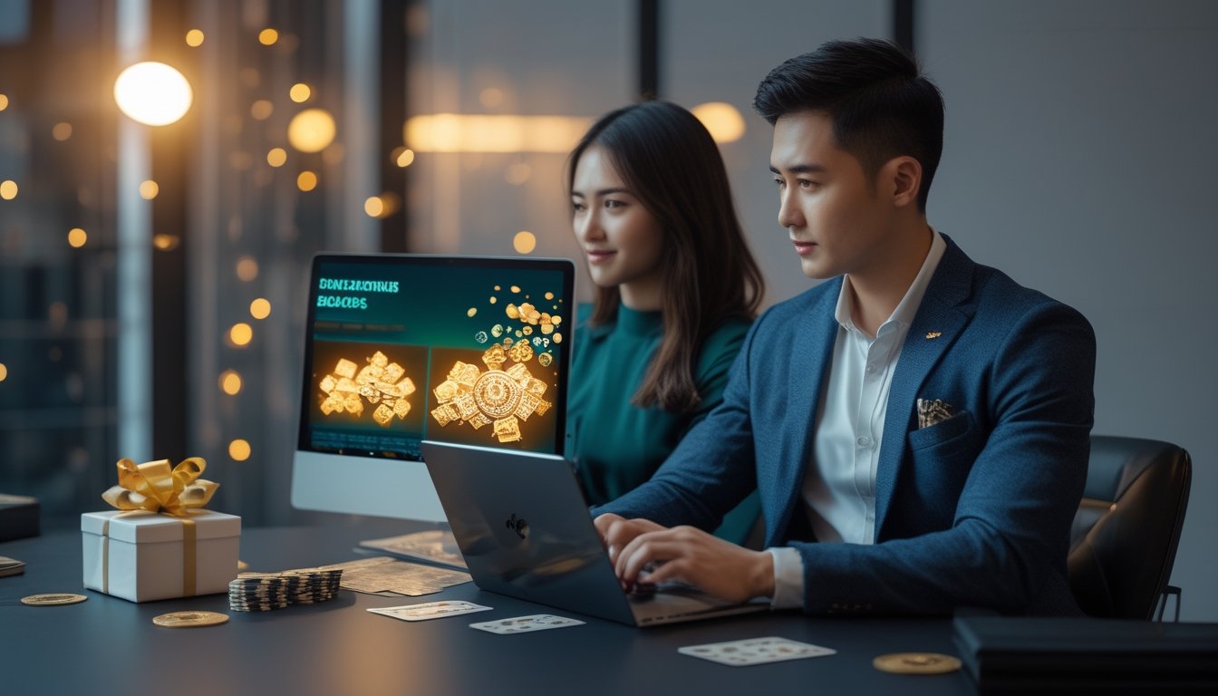 Dua orang dewasa menggunakan laptop dan ponsel dengan kartu permainan serta keping permainan di meja.