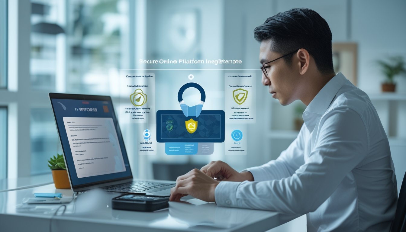 Seseorang memeriksa keamanan dan kredibilitas platform online menggunakan laptop, ponsel, dan daftar pemeriksaan di meja kerja.