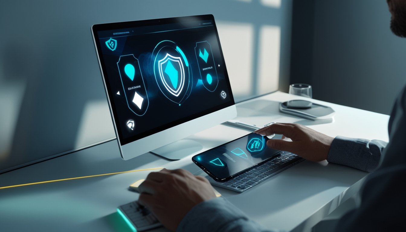 Tangan seseorang menggunakan laptop dan ponsel yang menampilkan antarmuka permainan kartu digital.
