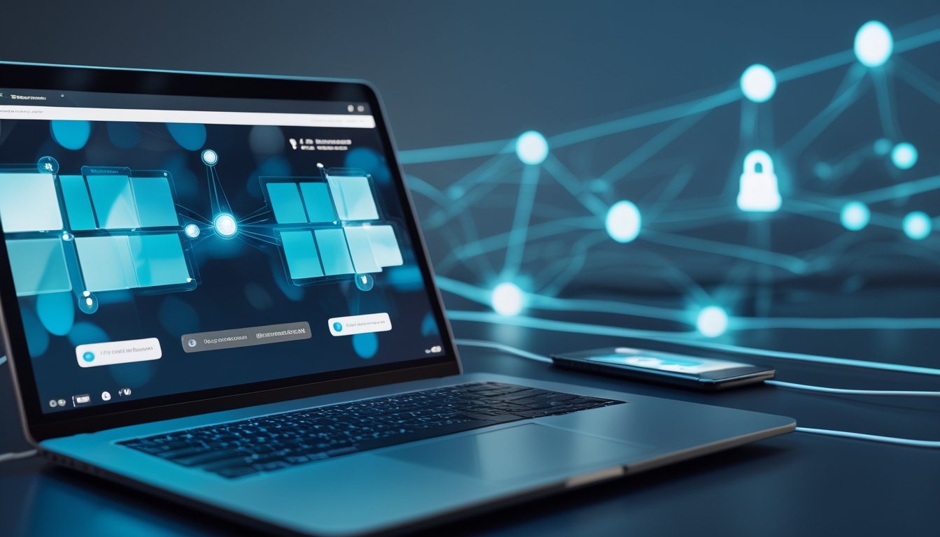 Laptop dan ponsel menampilkan antarmuka digital abstrak dengan jalur jaringan bercabang di ruang kerja modern.