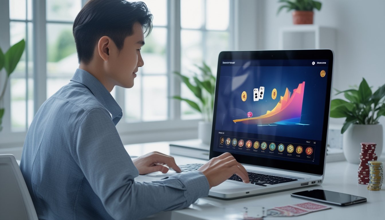 Seorang pemula memainkan permainan kartu online di laptop dalam ruang kerja rumah yang rapi.