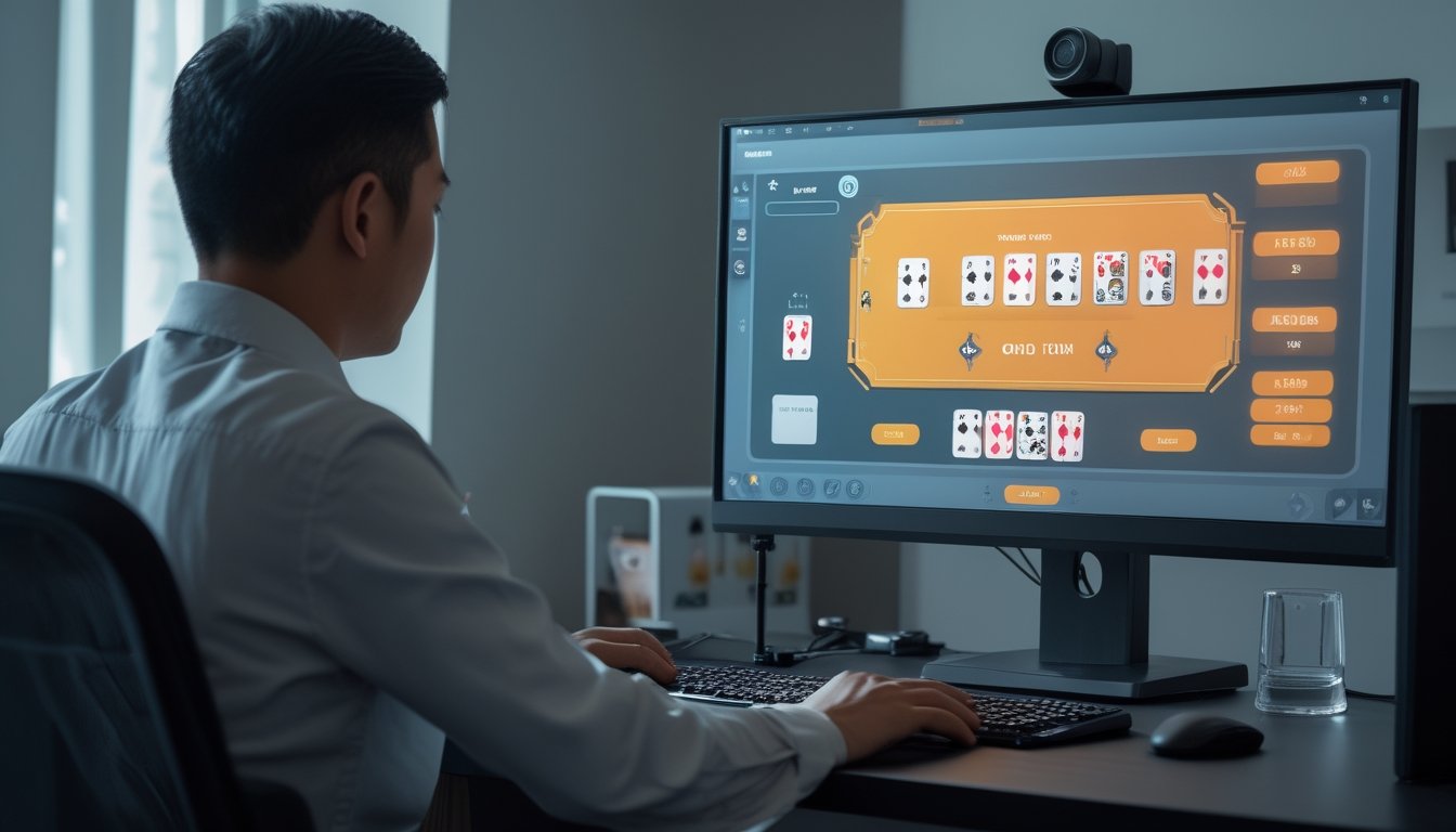 Pemula mempelajari susunan meja dan nilai kartu pada permainan kartu digital di komputer.