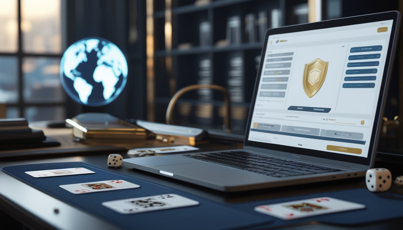 Meja modern dengan kartu permainan, dadu, laptop, dan hologram globe bercahaya.
