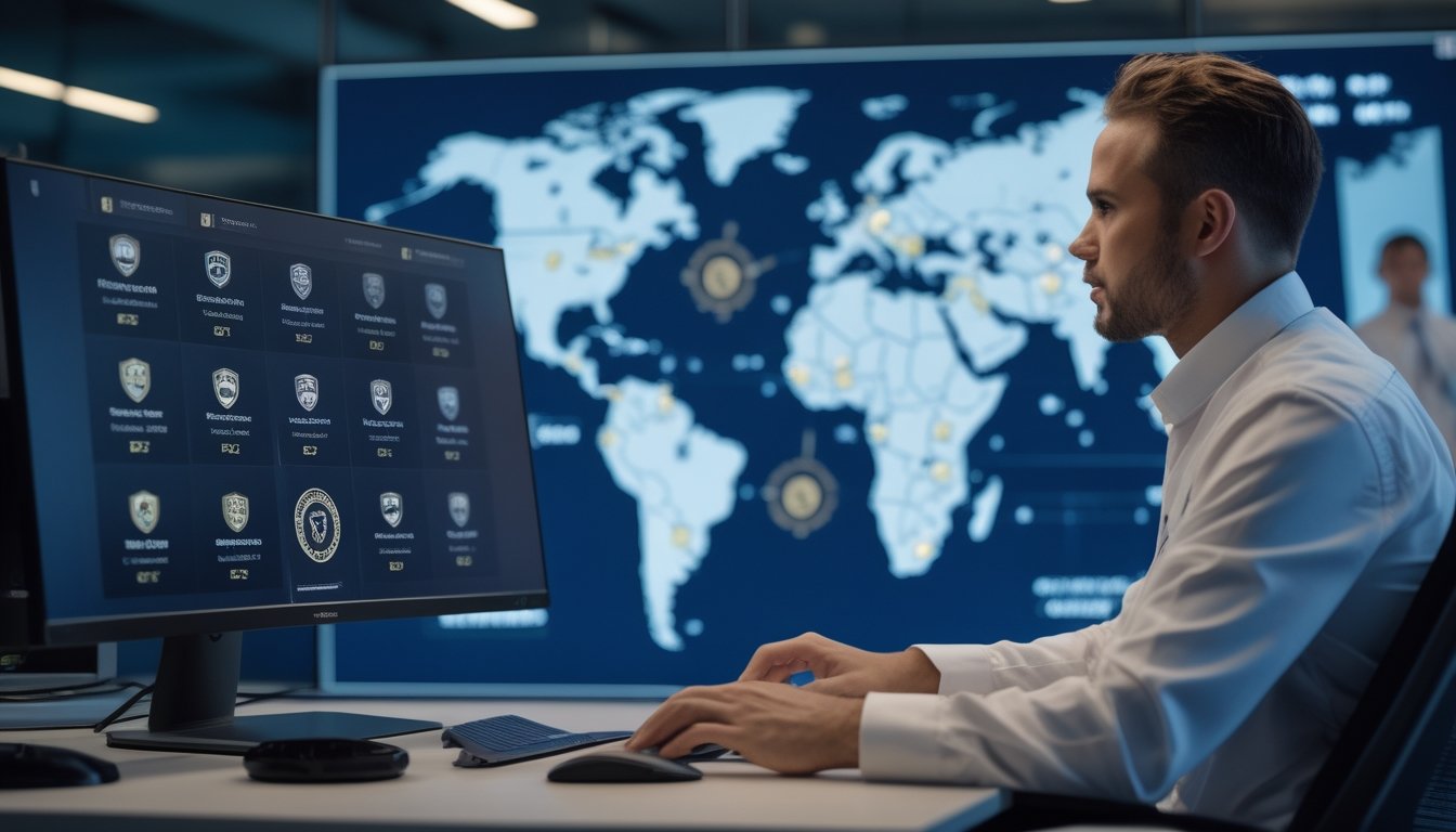 Pemain dewasa melihat platform permainan online dengan simbol keamanan dan peta dunia di kantor modern.