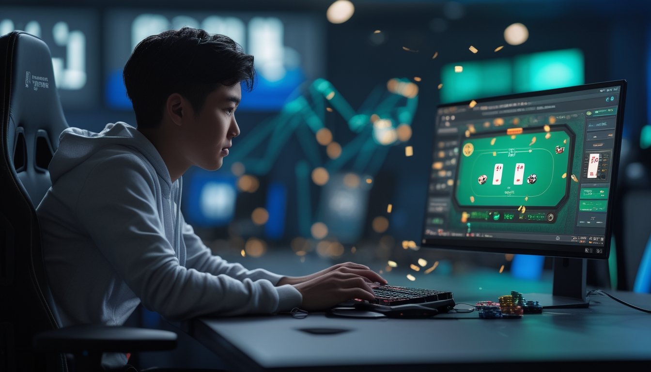 Seorang pemain fokus memainkan permainan kartu online di meja komputer modern dengan chip permainan yang tersusun rapi.