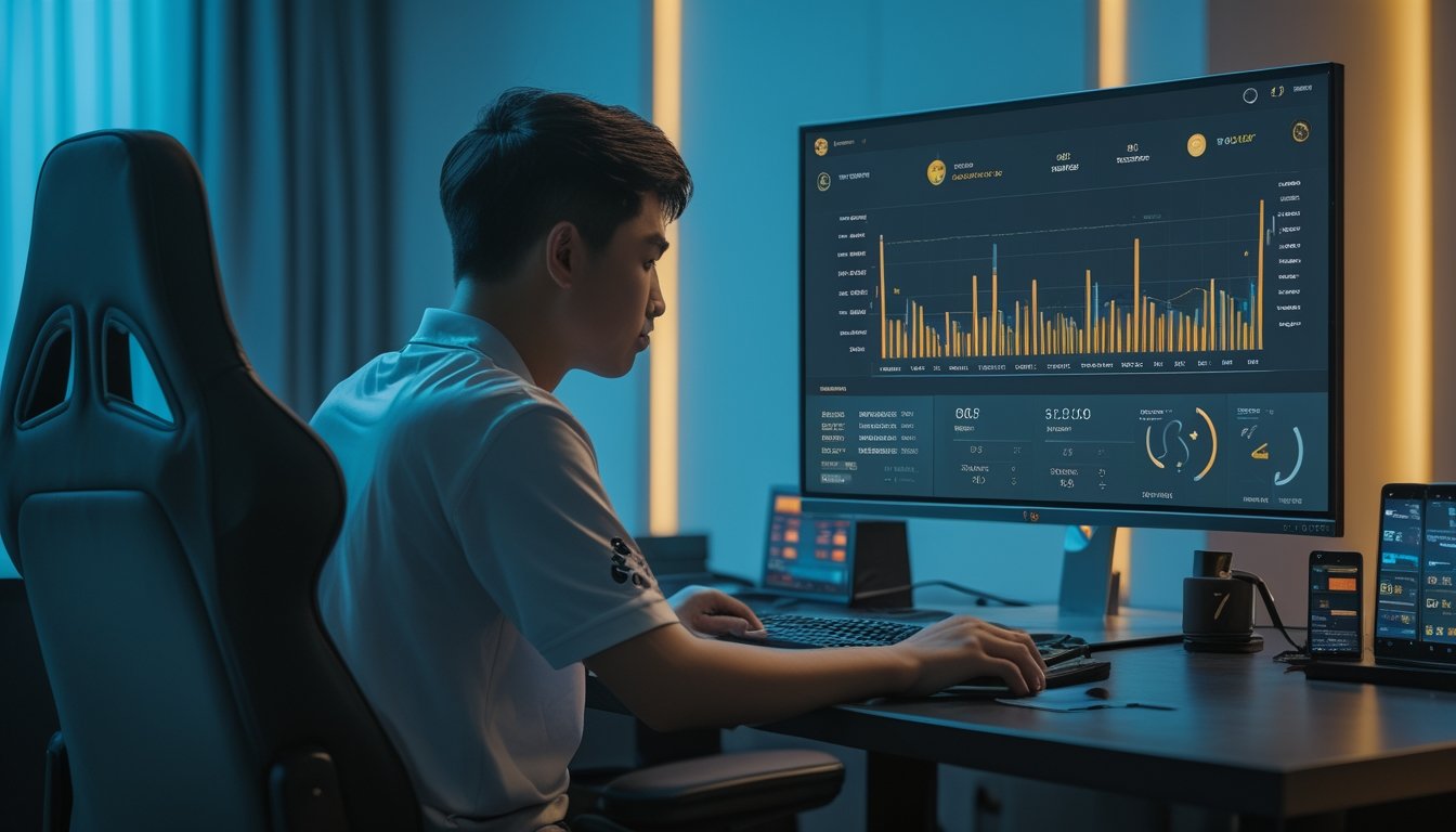 Pemain menatap layar analisis permainan kartu daring dengan grafik performa dan kartu di atas meja.