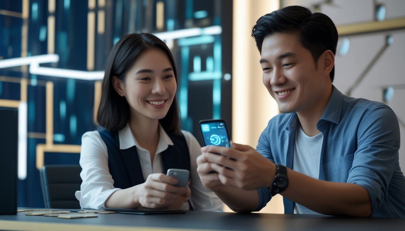 Dua orang dewasa tersenyum melihat permainan digital di sebuah ponsel.