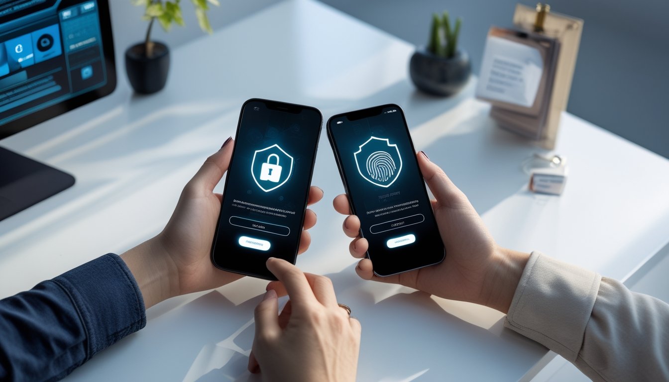 Dua ponsel menampilkan antarmuka digital dengan simbol keamanan di atas meja kerja.