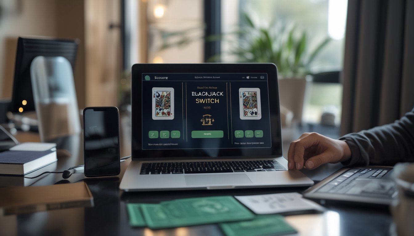 Orang dewasa menggunakan laptop dengan tampilan permainan blackjack digital di ruang kerja modern.