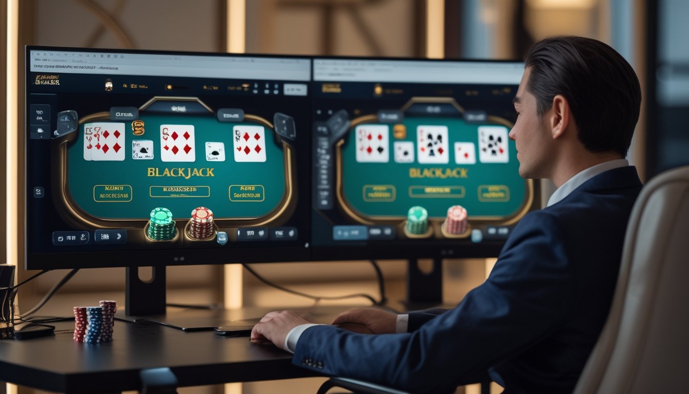 Pemain melihat dua meja Blackjack Switch digital dengan kartu dan keping taruhan di layar komputer.