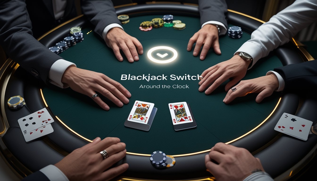 Meja blackjack modern dengan dua susunan kartu pemain, keping kasino, dan pencahayaan elegan.