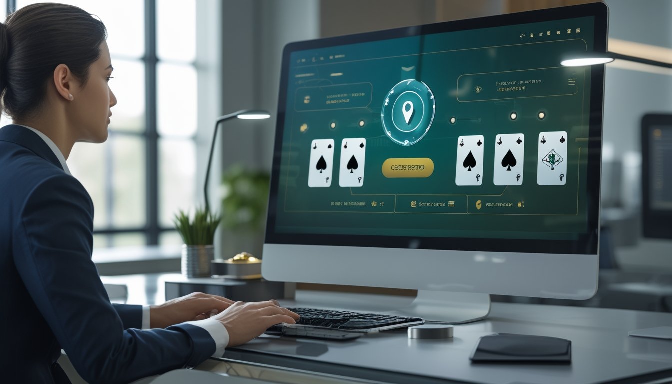 Seorang profesional meninjau keamanan platform blackjack online pada komputer dengan simbol perisai dan gembok.