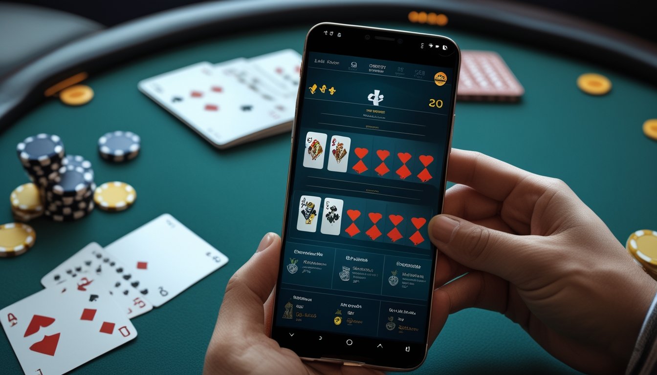 Seseorang memegang ponsel di atas meja blackjack dengan kartu dan keping kasino, sementara ponsel lain berada di dekatnya.