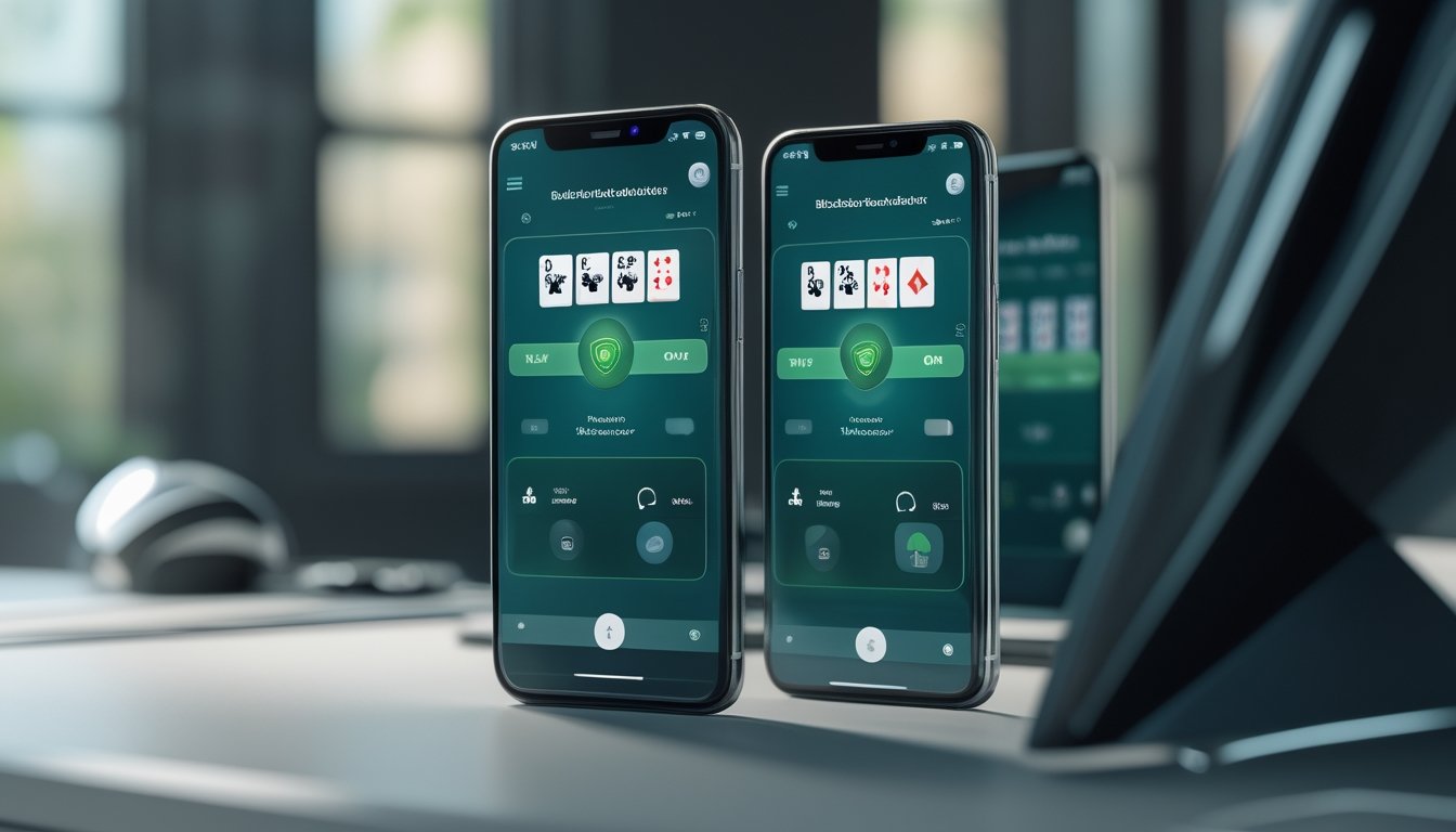 Dua ponsel menampilkan permainan kartu digital dengan simbol keamanan dan verifikasi.