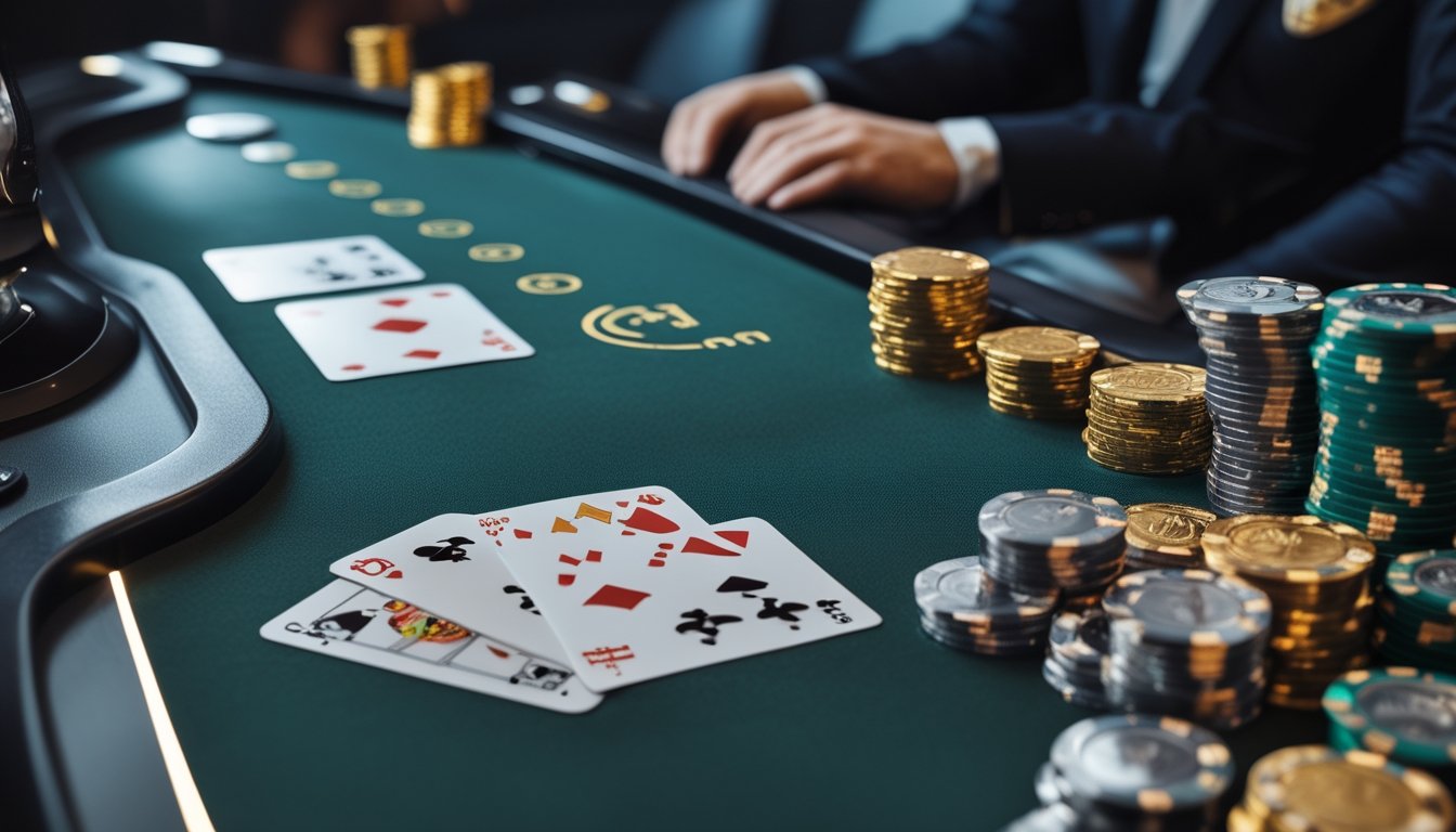 Meja blackjack online dengan dua susunan kartu, keping kasino, dan pencahayaan modern.