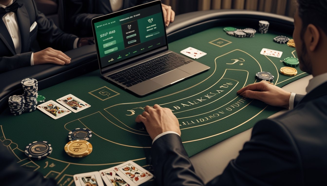 Meja Blackjack modern dengan dua tangan kartu, keping taruhan, dealer, dan perangkat digital.