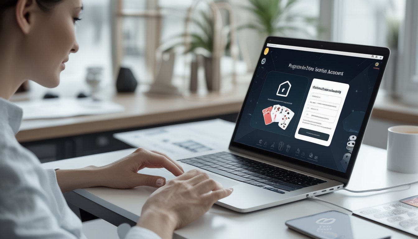 Orang dewasa menggunakan laptop untuk mendaftarkan akun taruhan blackjack online dengan simbol keamanan dan kartu remi di sekitarnya.
