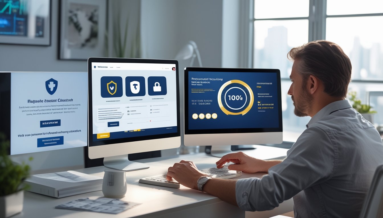Seseorang memeriksa proses pendaftaran situs permainan online dengan simbol keamanan dan dokumen legal di meja kerja.