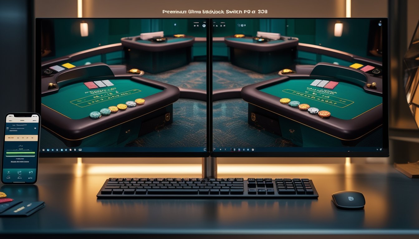 Dua meja Blackjack virtual tampil pada monitor di ruang kerja modern dengan kartu dan tumpukan chip kasino.