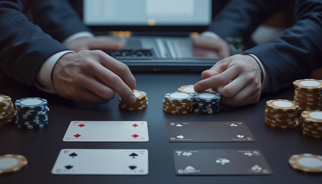 Meja blackjack dengan dua susunan kartu, keping taruhan, tangan dealer, dan laptop berlatar suasana kasino modern.