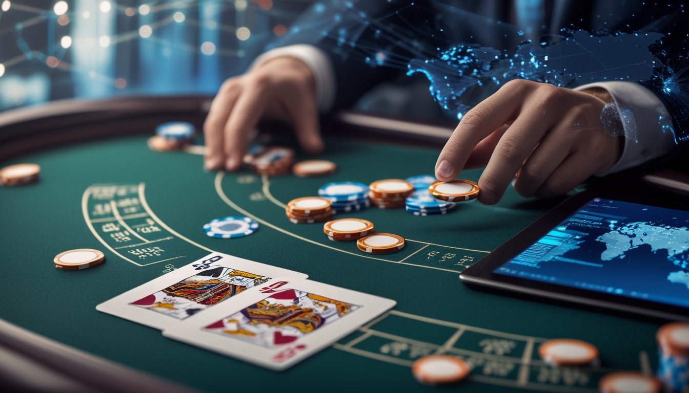 Meja blackjack modern dengan kartu, keping kasino, dan perangkat digital dalam suasana kasino elegan.