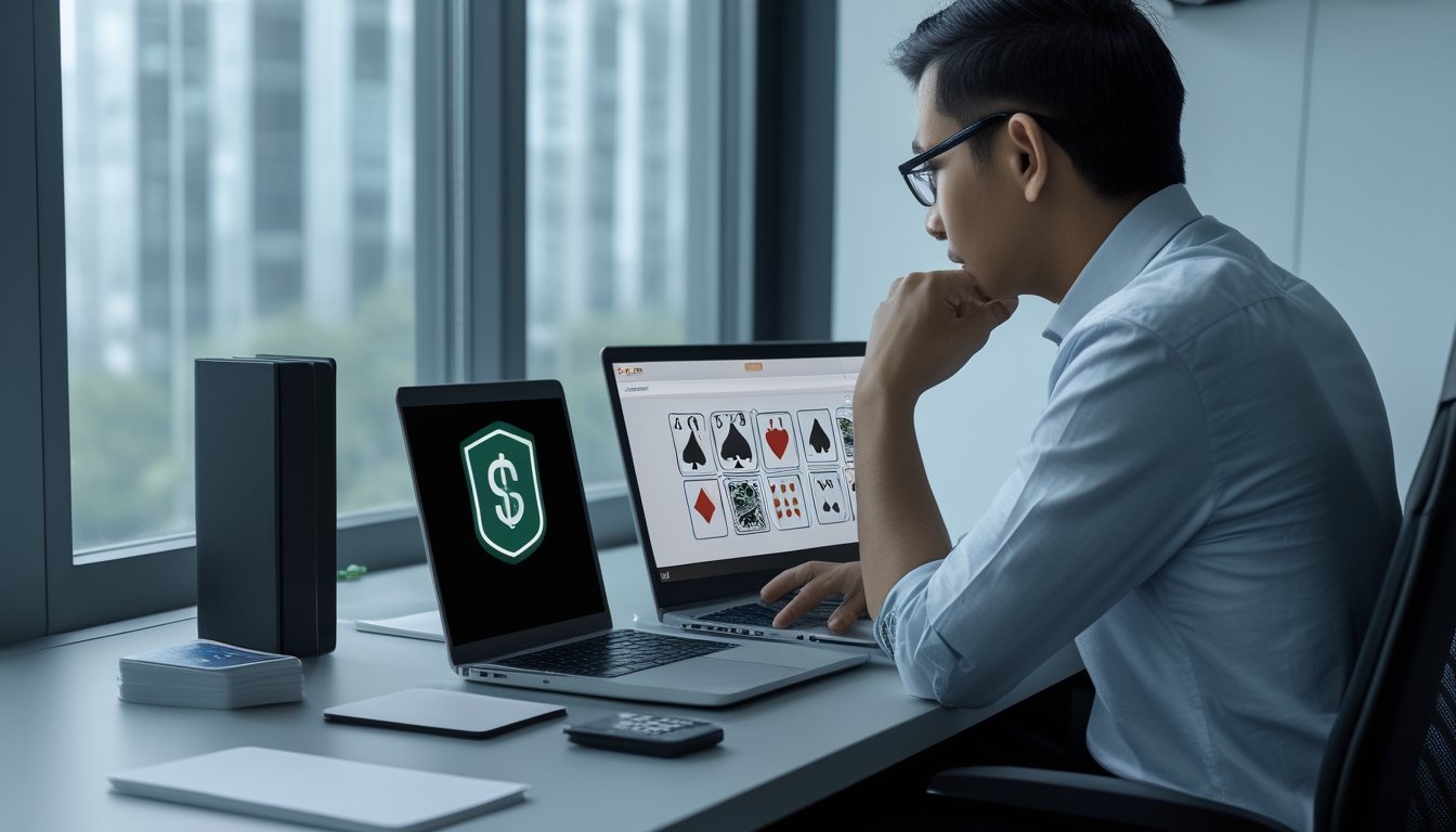 Seorang pemain Indonesia meninjau permainan kartu digital di laptop dengan perlengkapan untuk memeriksa keamanan dan informasi.