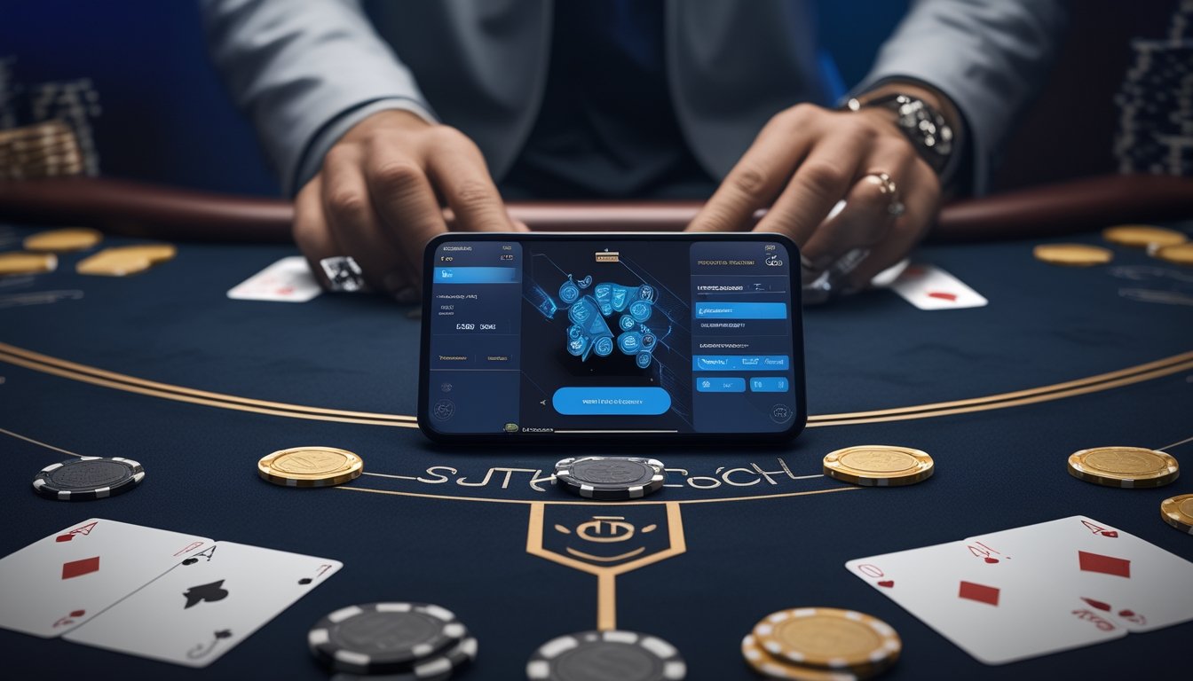 Meja Blackjack dengan kartu, keping kasino, dan perangkat digital yang menampilkan proses penarikan dana.