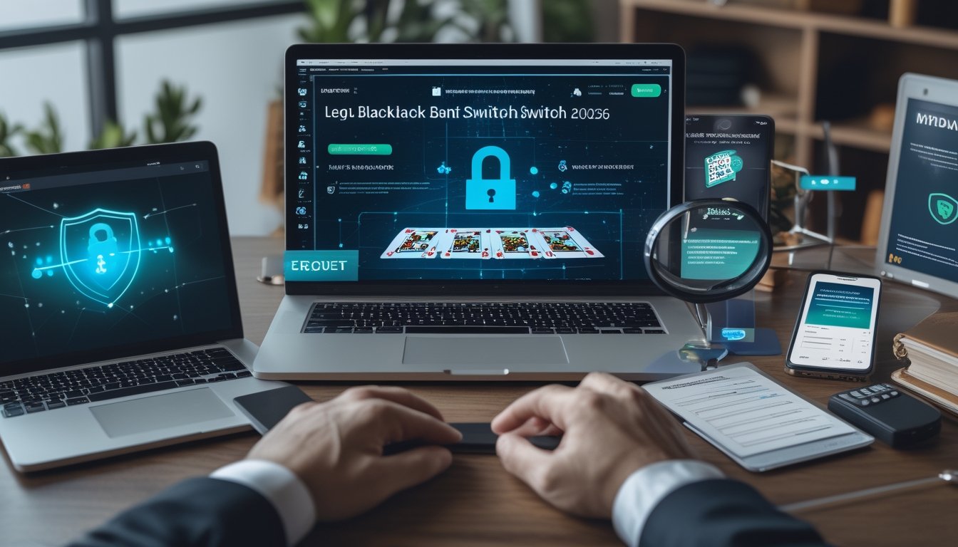 Seorang analis memeriksa laptop, kartu blackjack, gembok keamanan, dan daftar pemeriksaan di meja kerja.