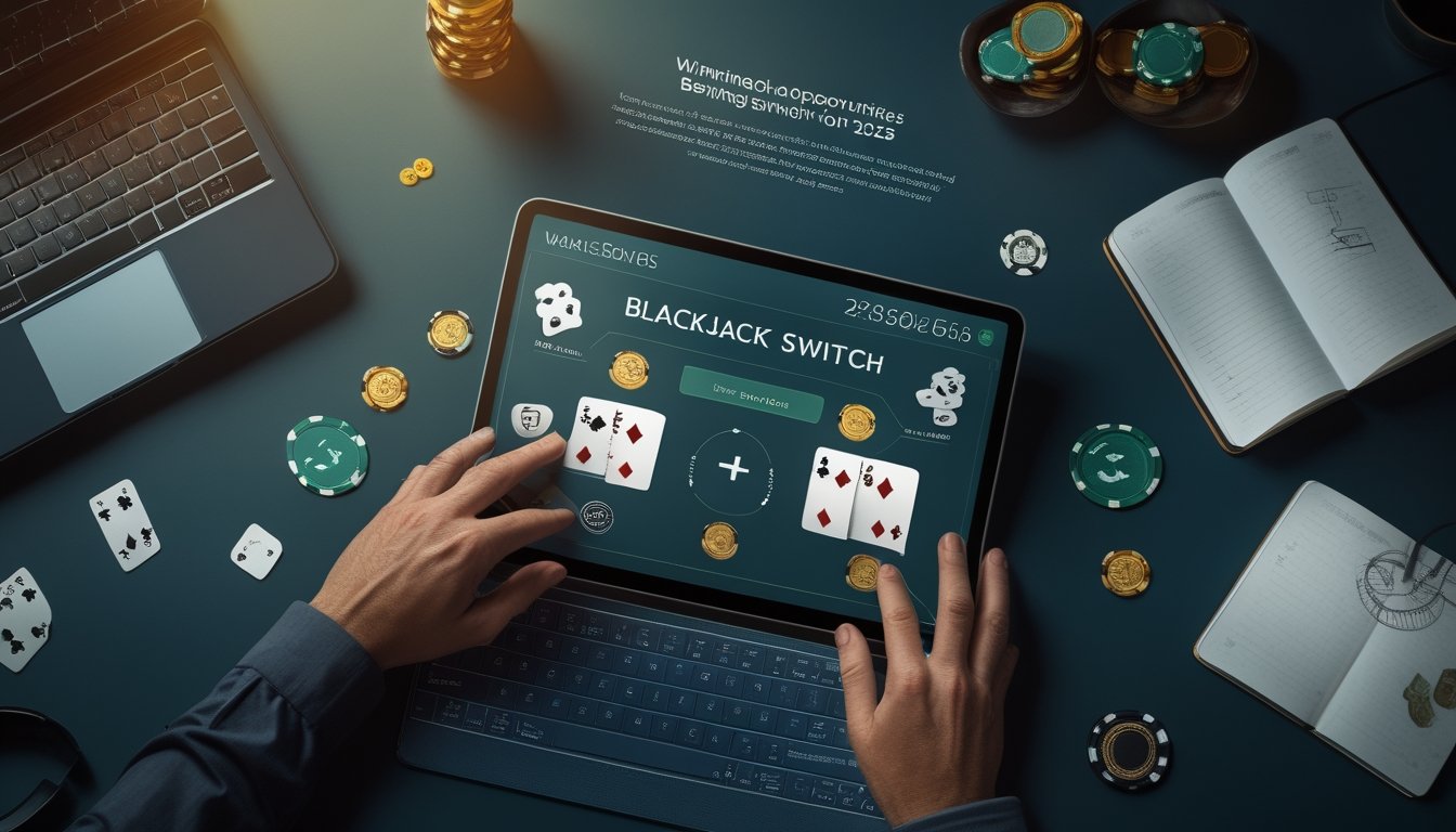 Meja kerja modern dengan laptop menampilkan meja blackjack digital, kartu, keping kasino, kalkulator, dan tangan seseorang yang sedang menganalisis permainan.