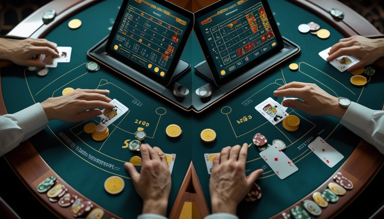 Pemain menganalisis dua tangan kartu blackjack dengan chip dan perangkat tablet di meja kasino.