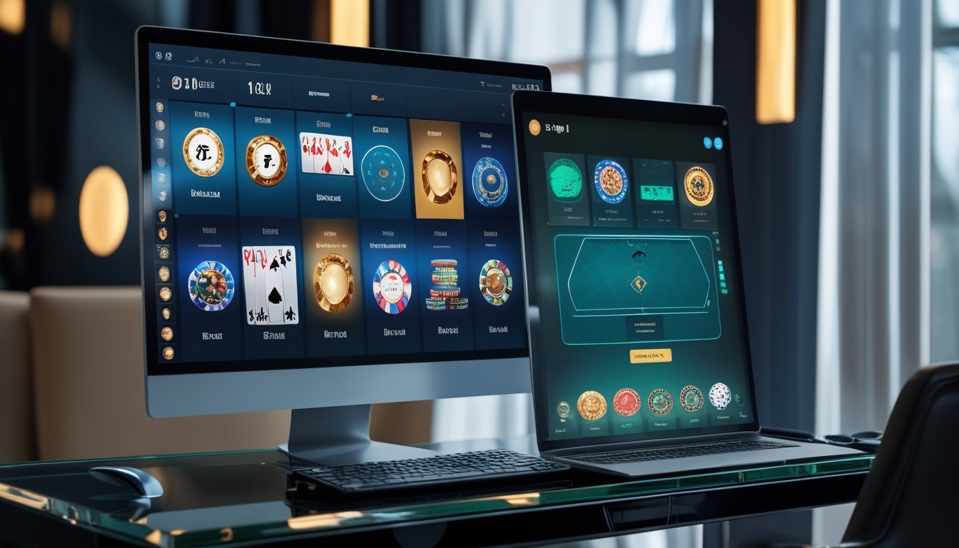 Perangkat digital menampilkan beragam permainan kasino di atas meja modern.