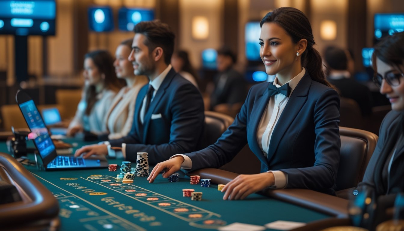 Dealer dan pemain dewasa menikmati permainan kasino langsung melalui perangkat digital dalam suasana modern dan aman.