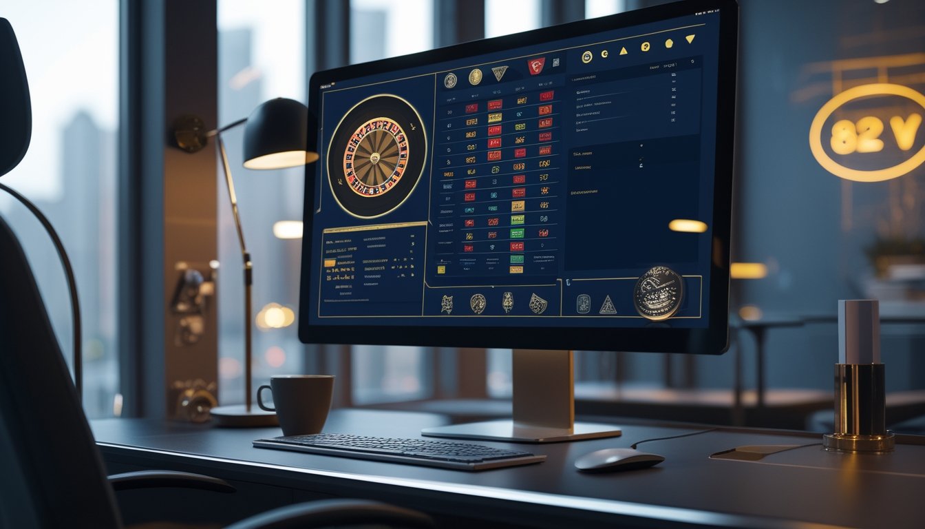 Meja kerja modern dengan monitor yang menampilkan antarmuka kasino online abstrak dan elemen permainan digital.