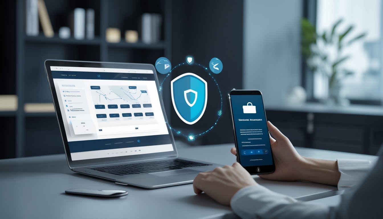 Laptop dan ponsel menampilkan antarmuka digital dengan simbol perisai, kunci, dan tanda verifikasi di meja modern.