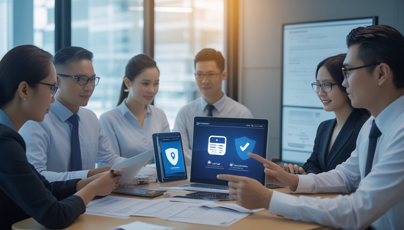 Profesional Indonesia meninjau dokumen perlindungan pemain dan keamanan digital di kantor.
